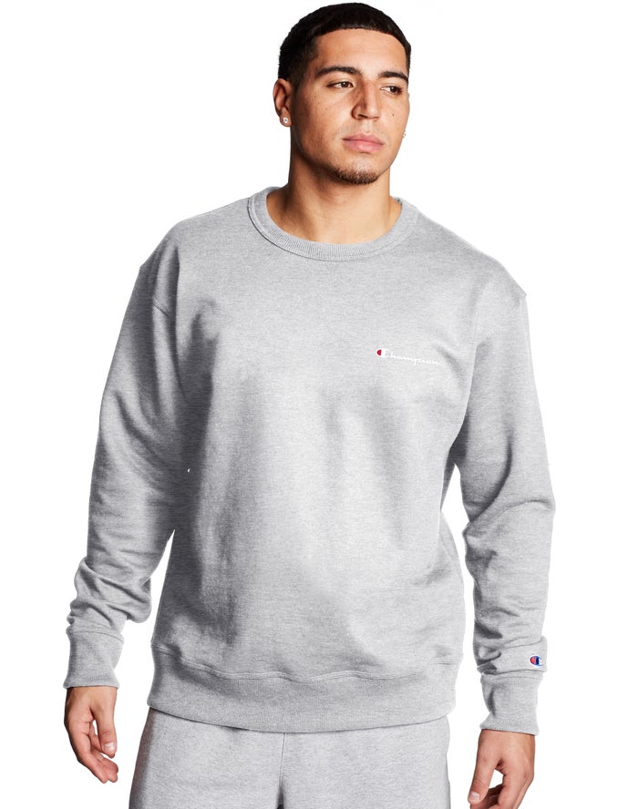 Champion Mens Sweatshirt NZ - Powerblend Fleece Crew Script Logo Grey ( 6485-JNDPQ )